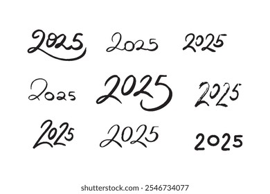 Hand drawn collection of handwritten 2025 number. Vector doodle set of 2025 Happy New Year symbols