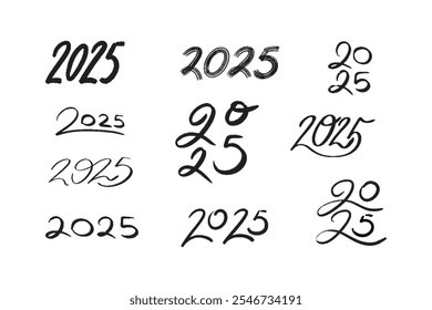 Handgezeichnete Sammlung von handschriftlichen 2025 Nummer. Vektor doodle Satz von 2025 Happy New Year Symbole