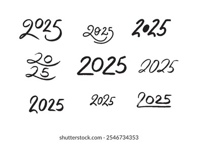 Hand drawn collection of handwritten 2025 number. Vector doodle set of 2025 Happy New Year symbols