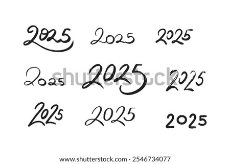 Hand drawn collection of handwritten 2025 number. Vector doodle set of 2025 Happy New Year symbols
