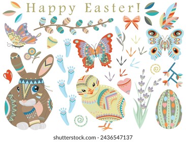 Hand drawn collection with Happy Easter holiday traditional symbols and objects - rabbit, egg, flowers, decorations in flat lay style isolated on white