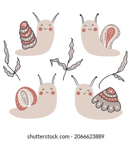 Hand drawn collection of happy snails. Perfect for T-shirt, greeting card, poster, textile and prints. Doodle vector illustration for decor and design.