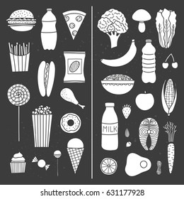 Hand drawn collection of healthy and unhealthy food isolated on chalkboard background. Nutrition concept.