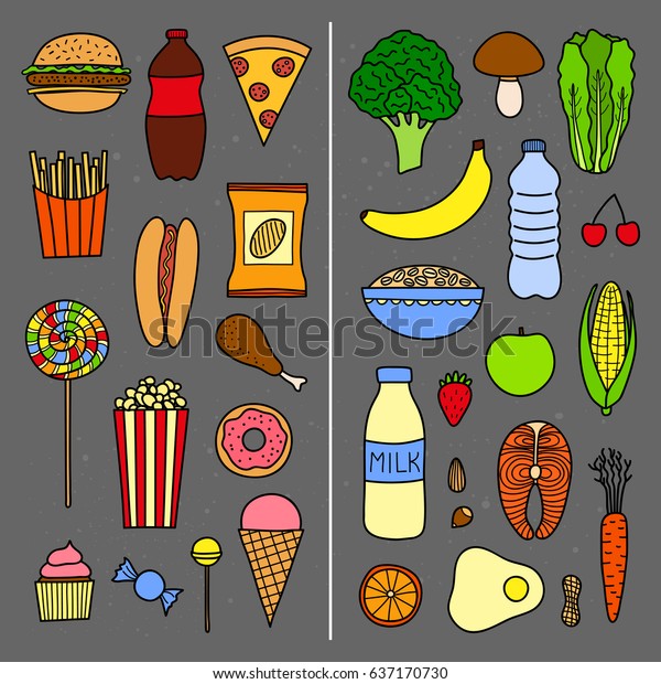 Hand Drawn Collection Healthy Unhealthy Food Stock Vector (Royalty Free