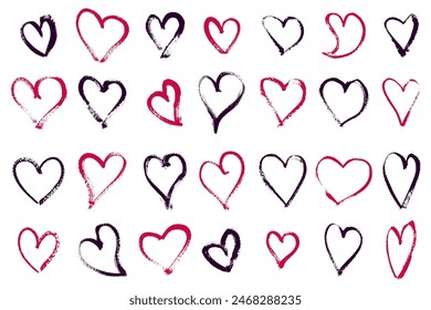 Hand drawn collection of hearts in red and black color, with grunge edges. Valentine's day elements for cards, logo, banners, wedding. 