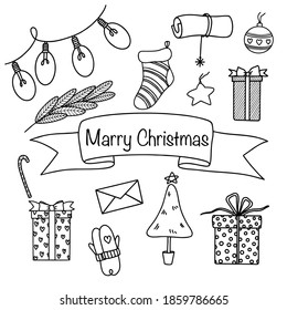 Hand drawn collection  Holiday background  Xmas background  Hand drawn vector sketch  Winter vector illustration  Christmas decoration  Tree icon  Design element  present 