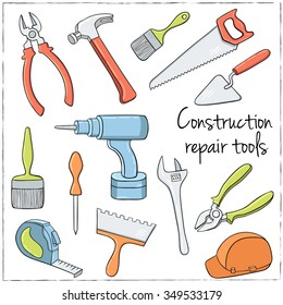 Hand drawn collection of house repair Tools. Vector illustration