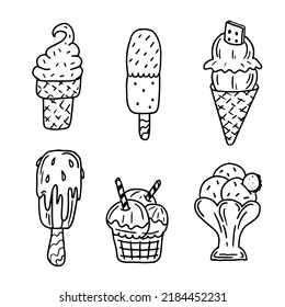 Hand drawn collection of ice cream in doodle style. Sketch style vector illustration for cafe menu, card, birthday card decoration.