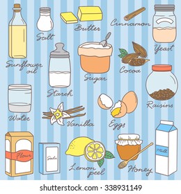 Hand drawn collection of ingredients for baking. Big set of sketch objects. Doodle illustration with food icons and products mix
