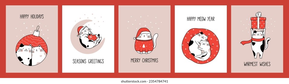 Tarjetas de bienvenida invitadas a recolección a mano y afiches con lindos gatos para Navidad y Año Nuevo. Concepto de diseño de vectores. Estilo de caricatura de ilustración de esquema.