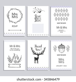 Hand drawn collection of invitations for a winter wedding. Coniferous plants, pine cones, crystals, deer, wreath.