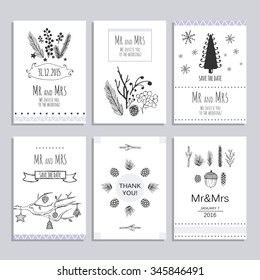 Hand drawn Collection of invitations for a winter wedding. Coniferous plants, snowflakes, pine cones, Christmas decorations.