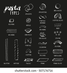 Hand drawn collection of Italian Pasta Types. Vector set of different types of noodle. 