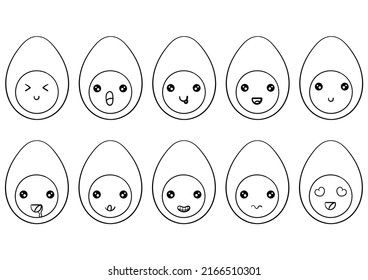 hand drawn collection of kawai boiled eggs with facial characters, on a white background