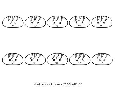 hand drawn collection of kawai bread with facial characters, on a white background