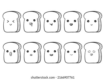 hand drawn collection of kawai bread with facial characters, on a white background