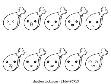 hand drawn collection of kawai fried chicken with facial characters, on a white background