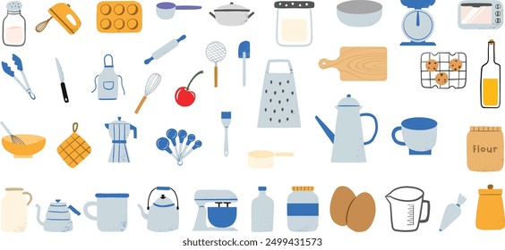 Hand drawn collection of kitchen utensil and ingredient. includes salt shakers, mixers, muffin trays, whisks, knives, aprons and much more.