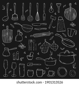 Hand drawn collection of kitchen utensils and tableware. Line art on a chalkboard background. Doodle Cooking equipment set.