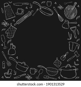 Hand drawn collection of kitchen utensils and tableware. Line art on a chalkboard background. Doodle Cooking equipment frame, circle shape inside.
