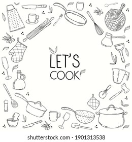 Colección a mano de utensilios de cocina y vajilla. Arte de línea, marco de equipo de cocina de Doodle, forma de círculo en el interior. Lettering - Vamos a cocinar