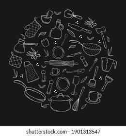 Hand drawn collection of kitchen utensils and tableware. Line art on a chalkboard background. Doodle Cooking equipment in circle shape 