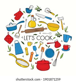 Hand drawn collection of kitchen utensils and tableware. Line art,  Doodle Cooking equipment in circle shape. Lettering - Let’s cook