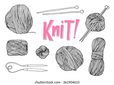 The hand drawn collection of knitting elements. Yarns and needles.