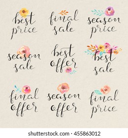 Hand drawn collection of labels and logos. Discount card set of Special Offer, Hot, Super, Big, Summer Sale. 