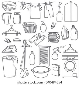 Hand drawn collection of laundry icons. Big set of sketch objects. Illustration with symbols, black and white icon. Home and professional laundry service. Accessories for washing and drying clothes