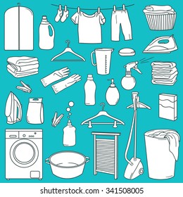 Hand drawn collection of laundry icons. Big set of sketch objects. Illustration with symbols, black and white icon. Home and professional laundry service. Accessories for washing and drying clothes