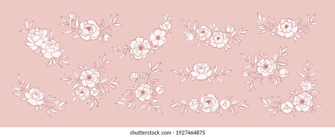 Hand drawn collection of line art peony arrangements. Delicate floral compositions for decorative design and romantic holidays. Botanical illustration isolated on pink. Wedding concept with flowers