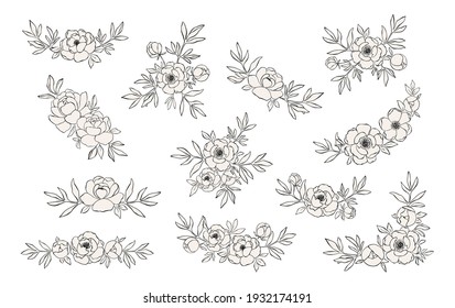 Hand drawn collection of line art peony arrangements. Delicate floral compositions for decorative design and romantic holidays. Botanical illustration isolated on white. Wedding concept with flowers