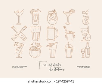 Hand drawn collection of line art drinks and cocktails illustrations. Template for branding, banner, poster, advertise.