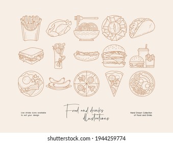 Colección a mano de ilustraciones de alimentos de arte de línea. Plantilla para marca, banner, afiche, publicidad.