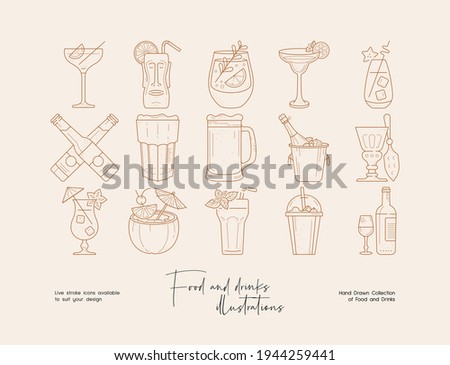 Hand drawn collection of line art drinks and cocktails illustrations. Template for branding, banner, poster, advertise.