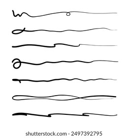 Handgezeichnete Sammlung von handgezeichneten Linien, Pinselstrichen, Pinselstrichen, Unterstrichen im abstrakten Doodle-Linienstil, in Vektorgrafik