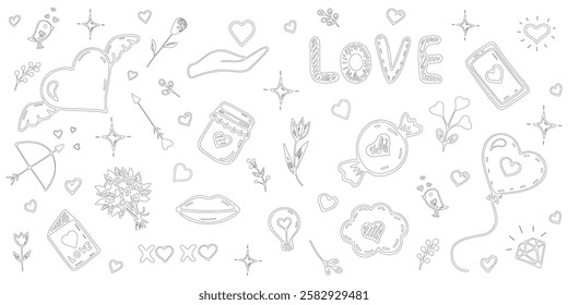 Hand drawn collection of  love elements in linear style. Set of doodles. Valentines elements: hearts, baloon, flowers, lips, bow, arrow, telephone, candy, jar in sketch style. Vector illustration. 