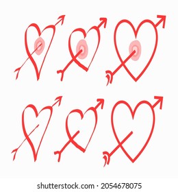 Hand drawn collection of love hearts pierced by arrows, depictions of people hit by love arrows