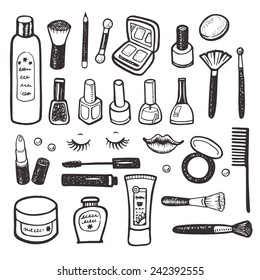 Hand drawn collection of make up and cosmetics illustration