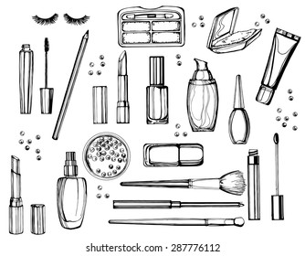 Hand drawn collection of make up and cosmetics. Vector illustration.