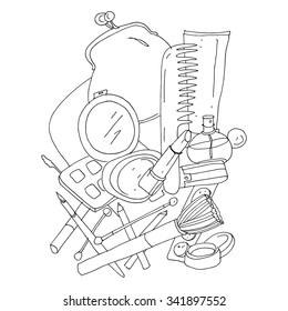 Hand drawn collection of make up and cosmetics. Vector illustration.EPS 10