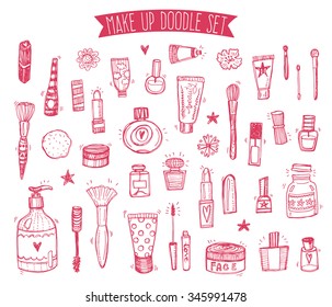 Hand drawn collection of make up and cosmetics sketchy illustrations 
