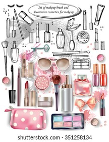 Hand drawn collection of make up and cosmetics. Vector illustration.