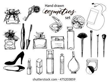 Hand drawn collection of make up and cosmetics. Vector illustration.