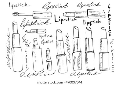 Hand drawn collection of make up and cosmetics/Hand drawn doodle silhouette lipstick vector set