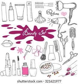 Hand drawn collection of make up, cosmetics and beauty items set, with hairbrushes, dryers, lipstick and nails  illustration isolated.