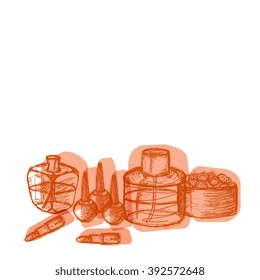 Hand drawn collection of make up, cosmetics set. Hand drawn collection of products for makeup. Vector sketch