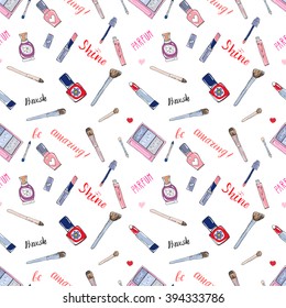Hand drawn collection of make up, cosmetics and beauty items seamless pattern, with lipstick brush perfume and lettering vector illustration isolated.