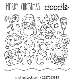 Hand drawn collection of Merry Christmas doodles. Line art, cartoon style. Festive mood.